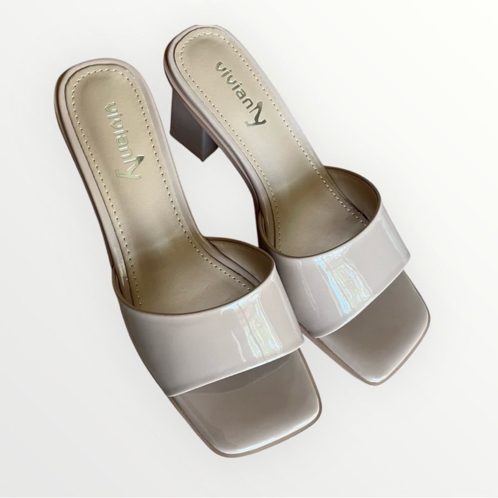 VIVIANLY✨ Square Toe Slide Heels Beige Nude Brand New